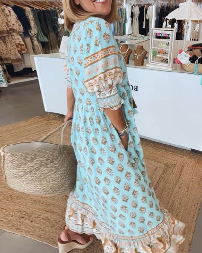 Adriana | Women's Boho Light Blue Printed Tassel Tie Midi Dress