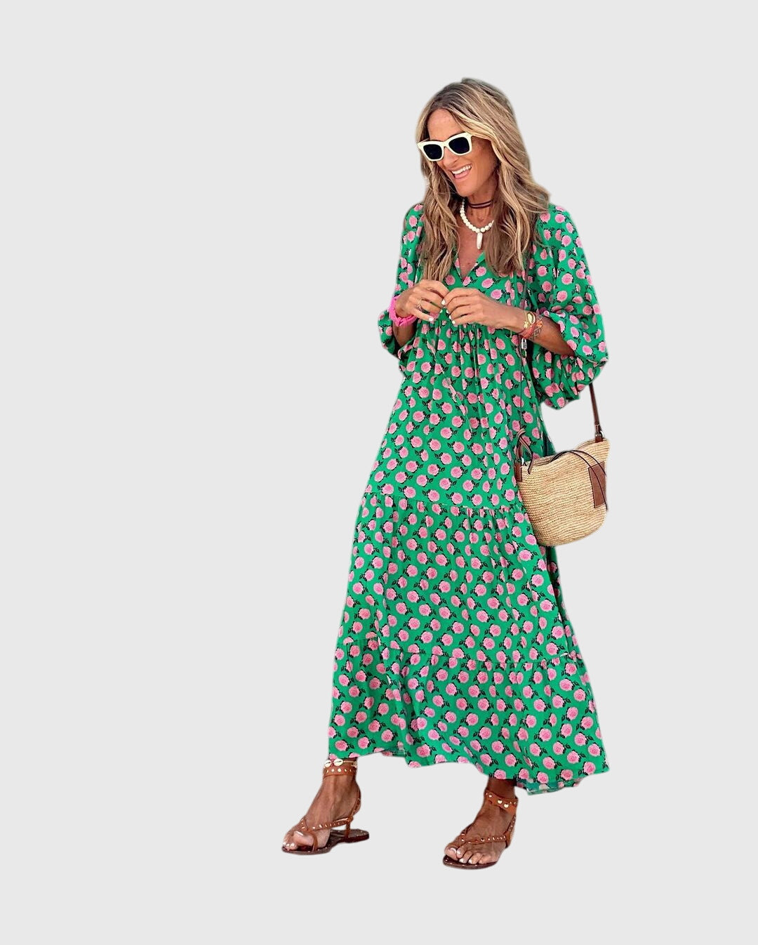 Astrid | Boho Maxi Dress in Green Floral