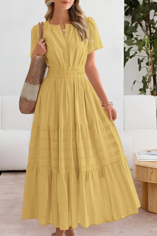 Women's Boho Short Sleeve Smocked Midi Dress in Sunny Yellow