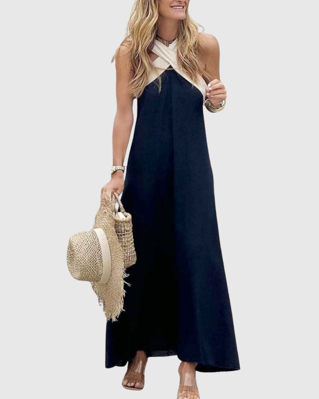 Calantha | Elegant White & Black Cross-Neck Dress