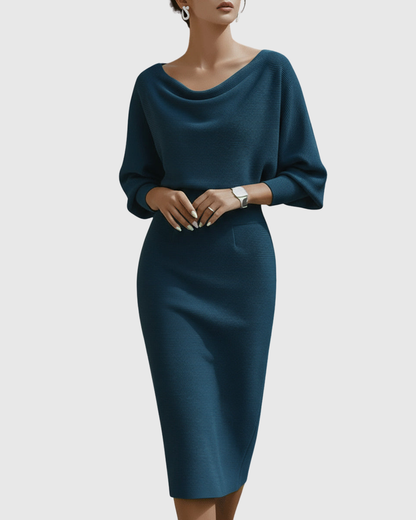 Calantha | Navy Blue Draped Batwing Midi Dress