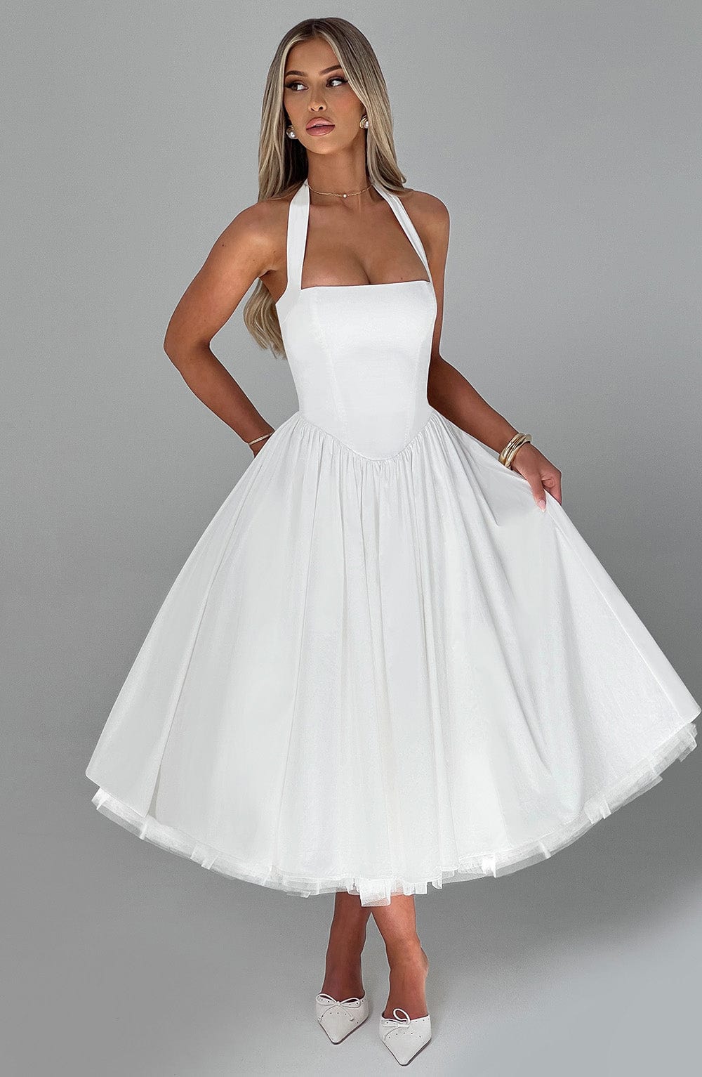 Astrid | Elegant White Women’s Wedding Guest Halter Midi Dress