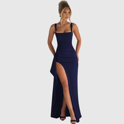 Aurora | Elegant Formal Slip Maxi Dress in Red With Open Back
