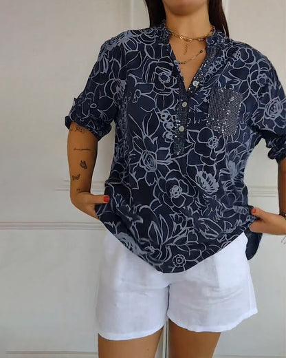 Calantha | Elegant Floral Blue Sophisticated Blouse