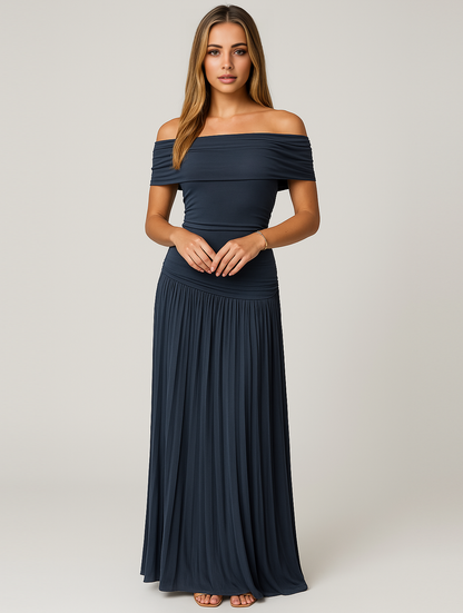 Astrid | Women's Wedding Guest Off-The-Shoulder Pleated Maxi Dress in Cream