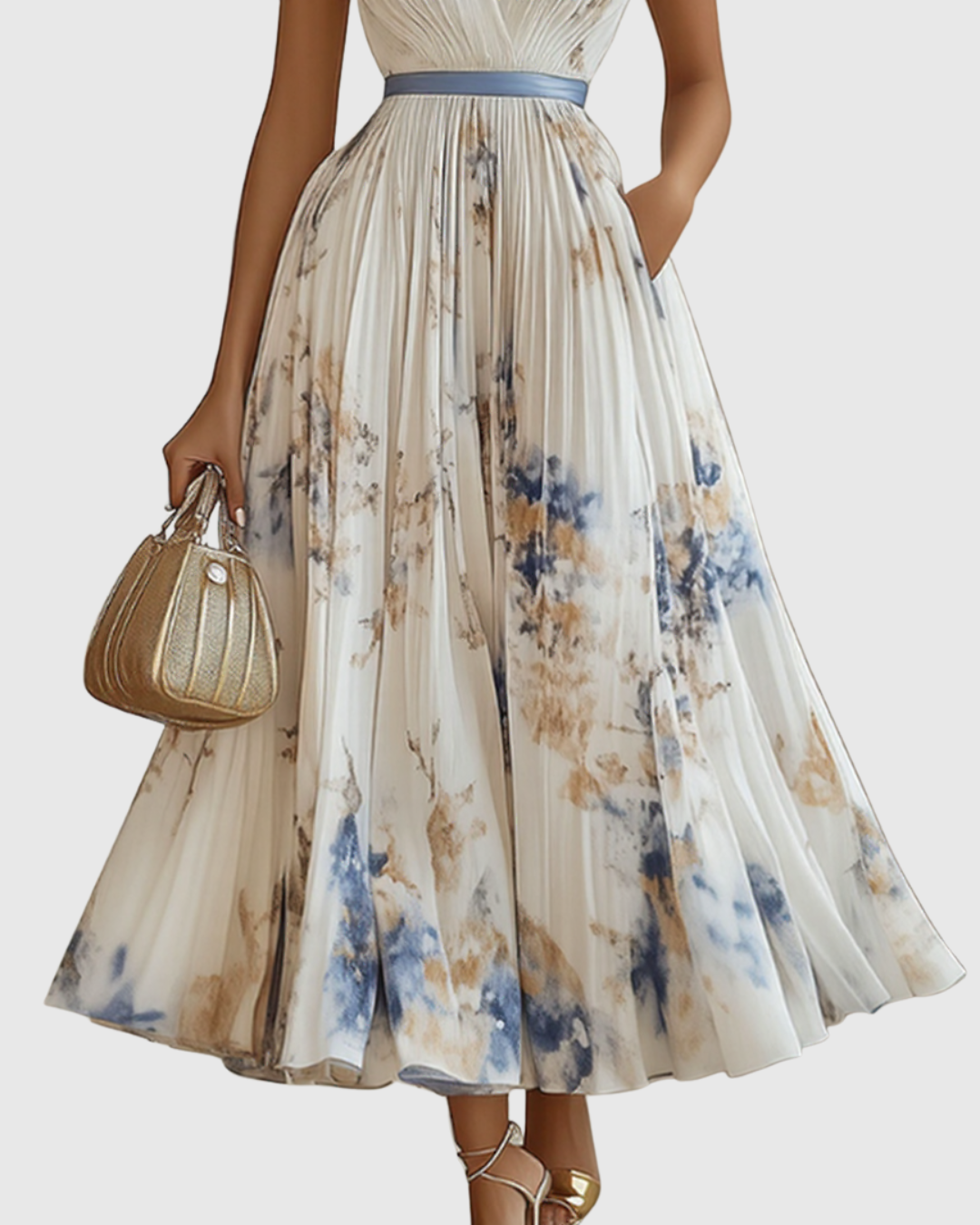 Calista | Elegant Pleated Maxi Dress in Floral White