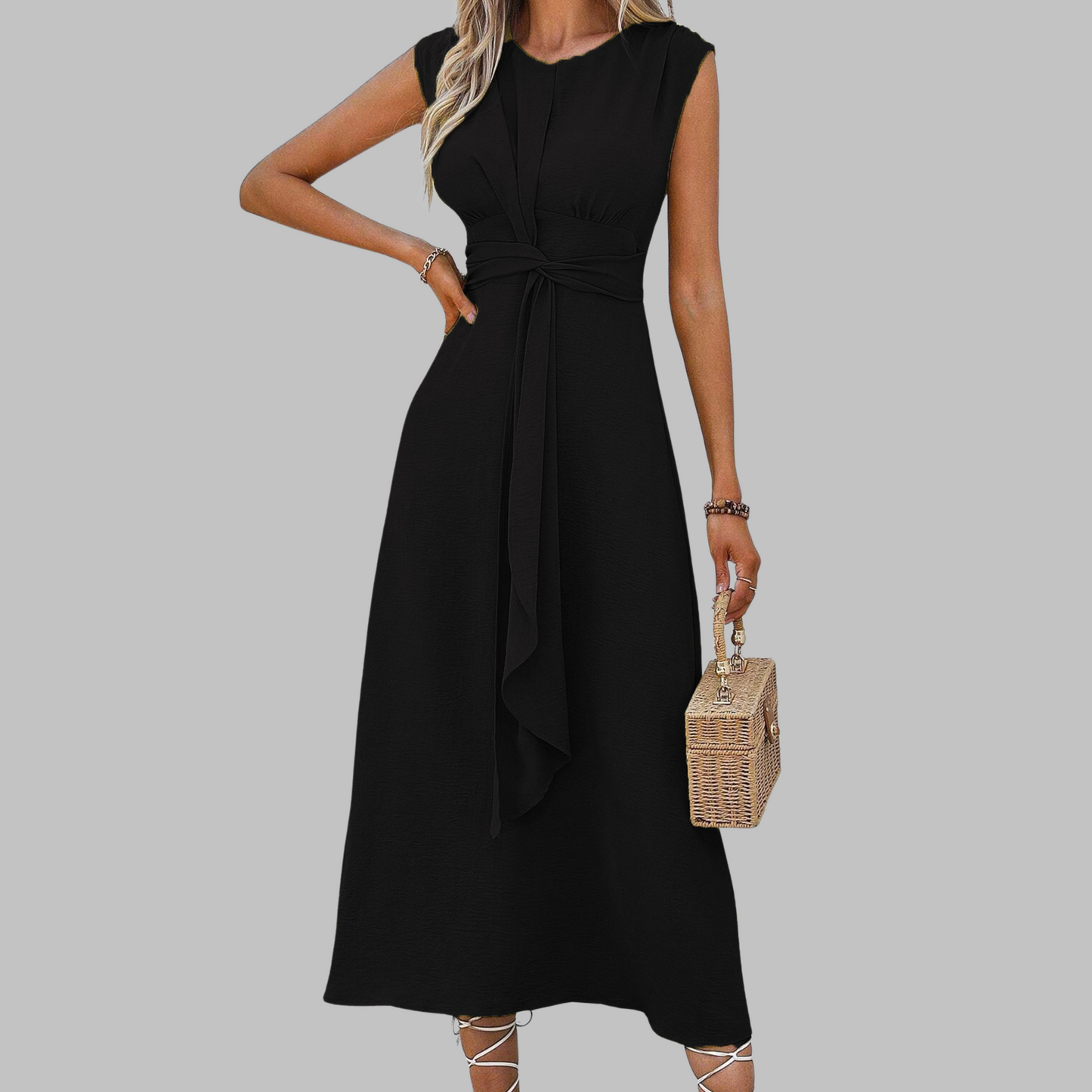 Alethea | Women’s Sleeveless Belted A Line Midi Dress in Emerald Green