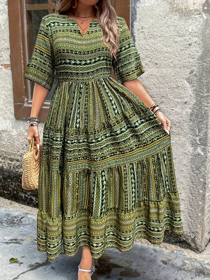 Willow | Women’s Boho Printed Flowy Midi Dress in Green