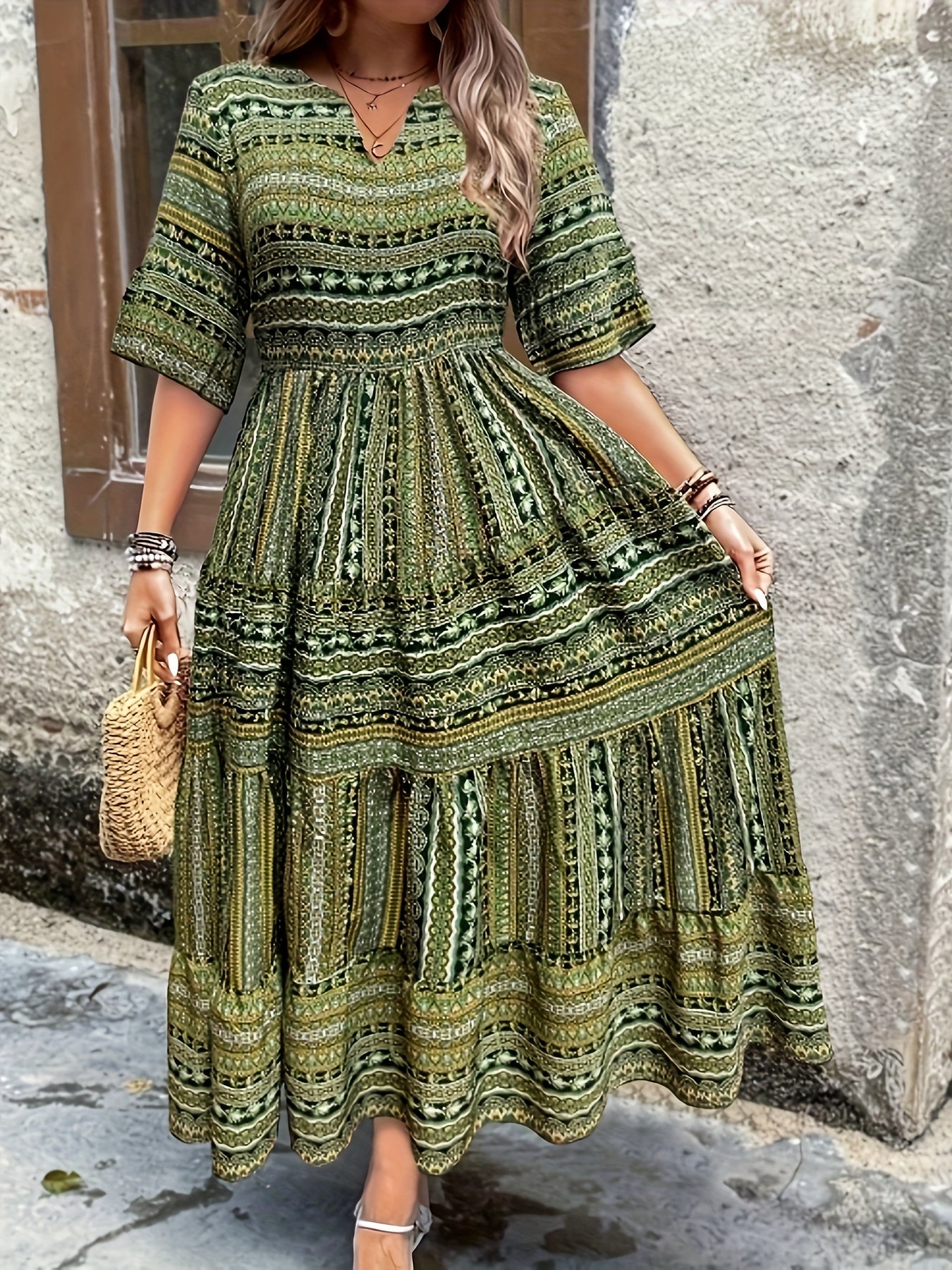 Willow | Women’s Boho Printed Flowy Midi Dress in Green