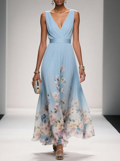 Calista | Women's Elegant Light Blue Floral Print Wedding Guest Dress