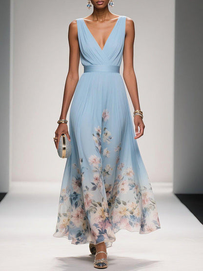 Calista | Women's Elegant Light Blue Floral Print Wedding Guest Dress