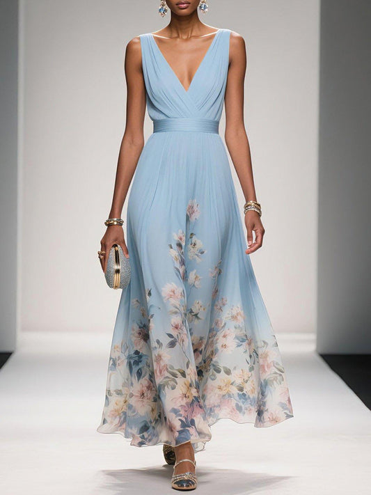 Calista | Women's Elegant Light Blue Floral Print Wedding Guest Dress