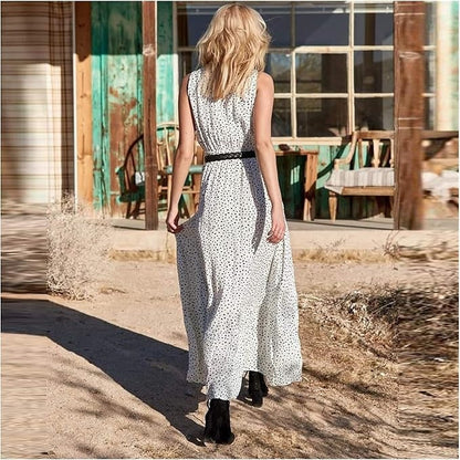 Astrid | Women's Boho Sleeveless V Neck Beige Polka Dot Maxi Dress