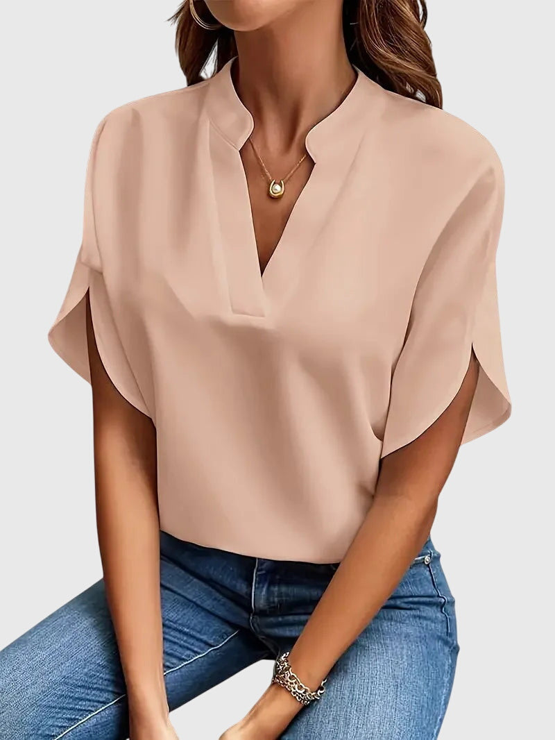 Calantha | Luxury White Soft And Elegant V-Neck Shirt