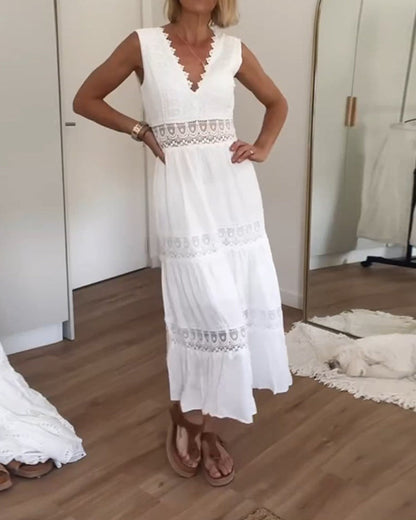 Astrid | Women's Boho Sleeveless V Neck White Midi Dress