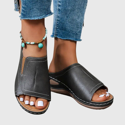 Calista | Black Leather Orthopedic Sandals
