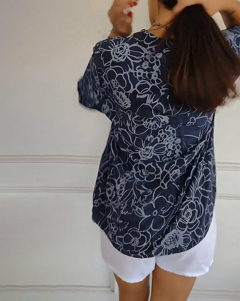 Calantha | Elegant Floral Blue Sophisticated Blouse