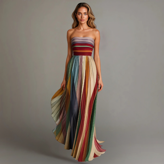 Adriana | Women’s Chic Holiday Glam Striped Pleated Maxi Dress