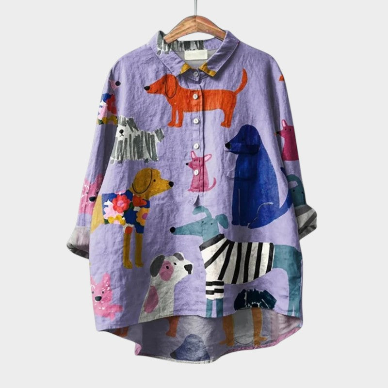 Calista | Lavender Dog Print Linen Blouse