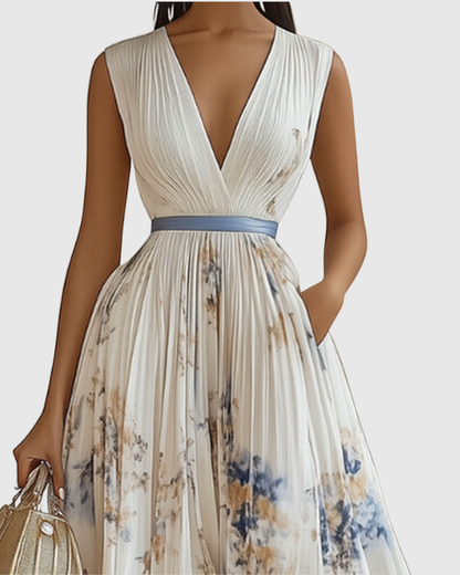 Calista | Elegant Pleated Maxi Dress in Floral White