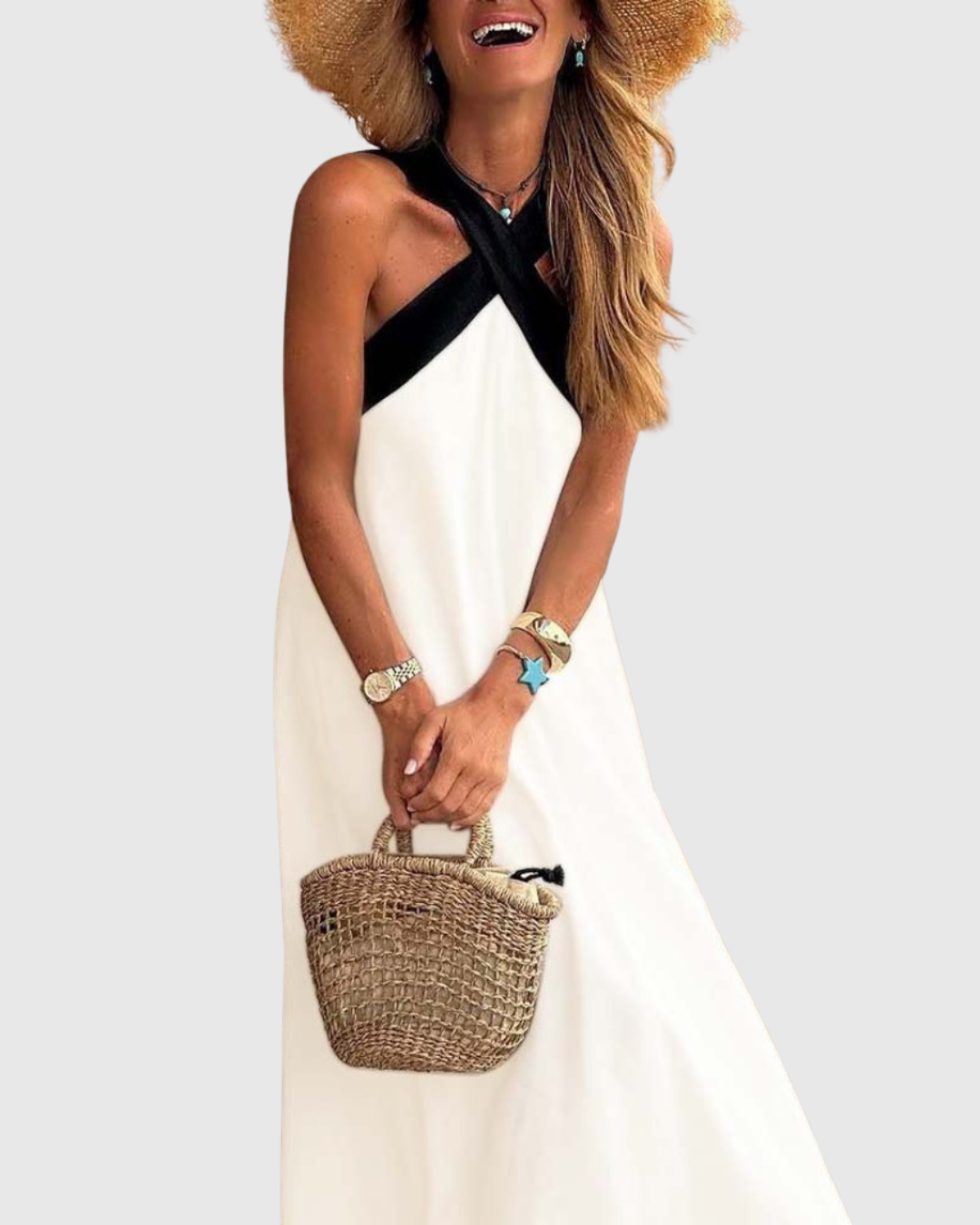 Calantha | Elegant White & Black Cross-Neck Dress
