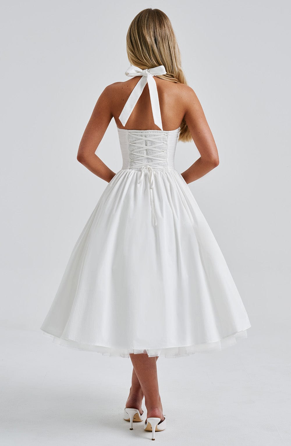 Astrid | Elegant White Women’s Wedding Guest Halter Midi Dress