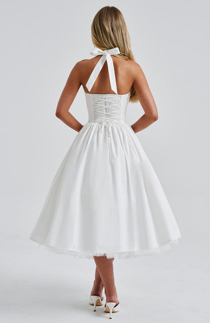 Astrid | Elegant White Women’s Wedding Guest Halter Midi Dress