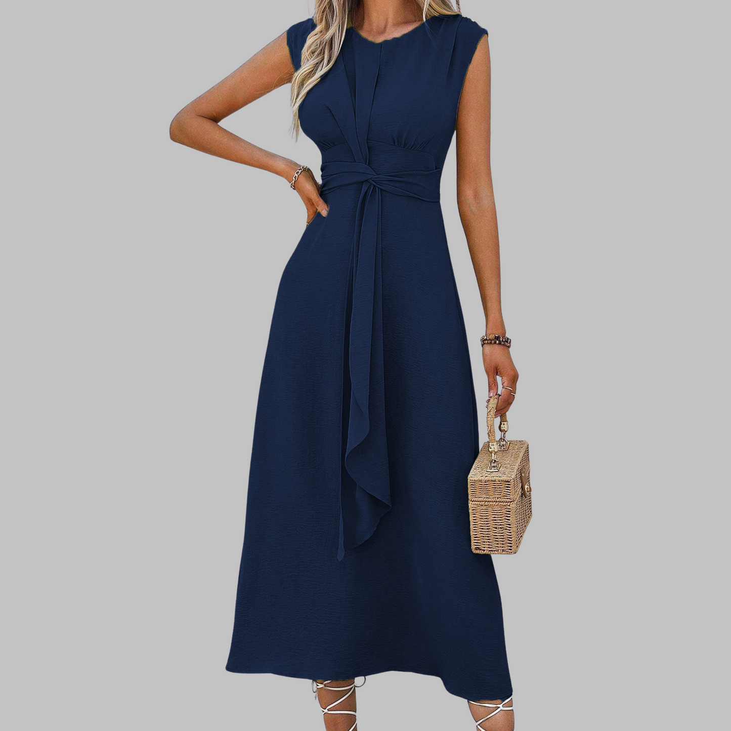 Alethea | Women’s Sleeveless Belted A Line Midi Dress in Emerald Green