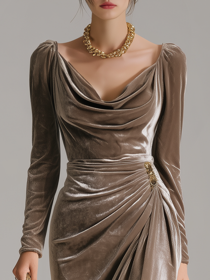 Calista | Velvet Elegant Midi Dress in Taupe