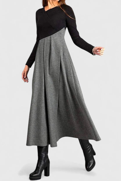Alethea | Elegant Long Sleeve Maxi Dress in Grey Wool