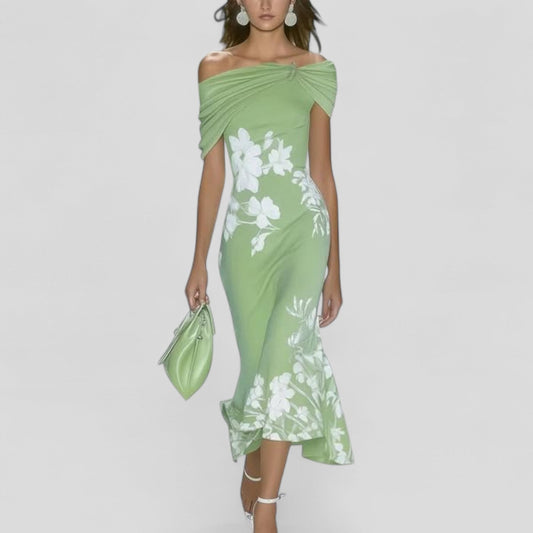 Calantha | Elegant Mint Green Floral Midi Dress