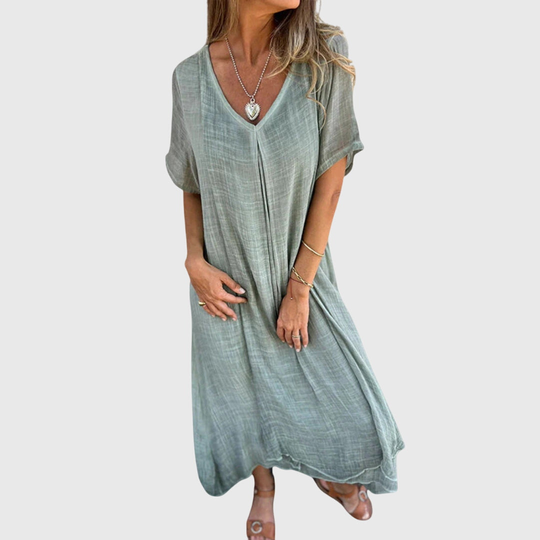 Astrid | Elegant Lightweight V-Neck Linen Dress in Beige