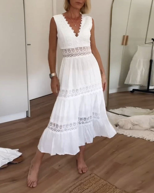 Astrid | Women's Boho Sleeveless V Neck White Midi Dress