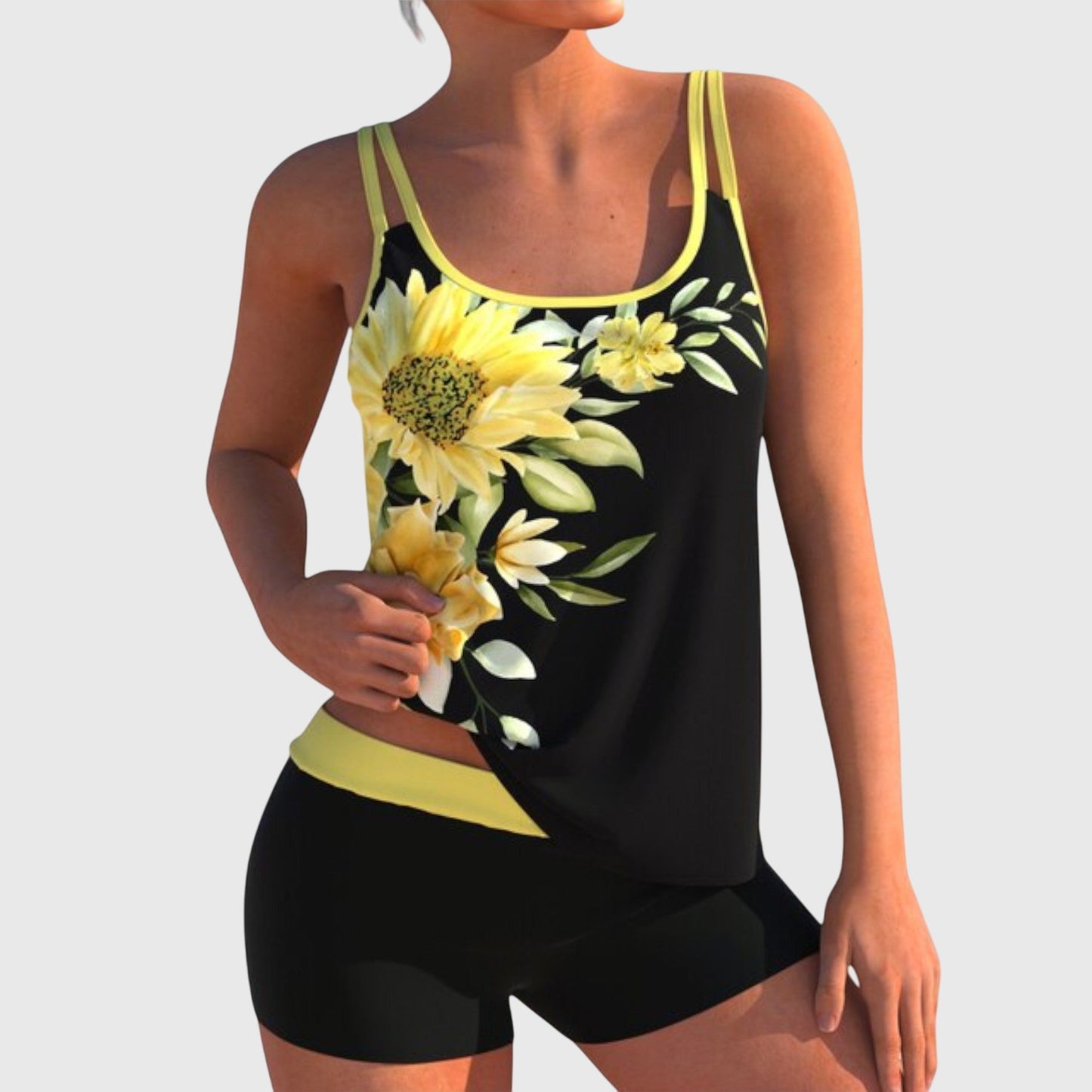 Alethea | Women's Floral Print Black Two-Piece Swimsuit Set with Turquoise Accents