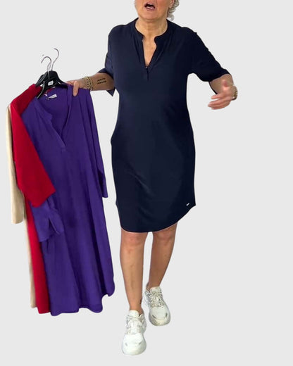 Dark Navy Solid V-Neck Dress