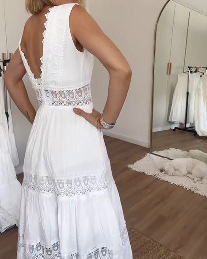 Astrid | Women's Boho Sleeveless V Neck White Midi Dress