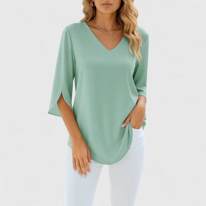 Calista | Elegant Light Blue Sophisticated V-Neck Blouse