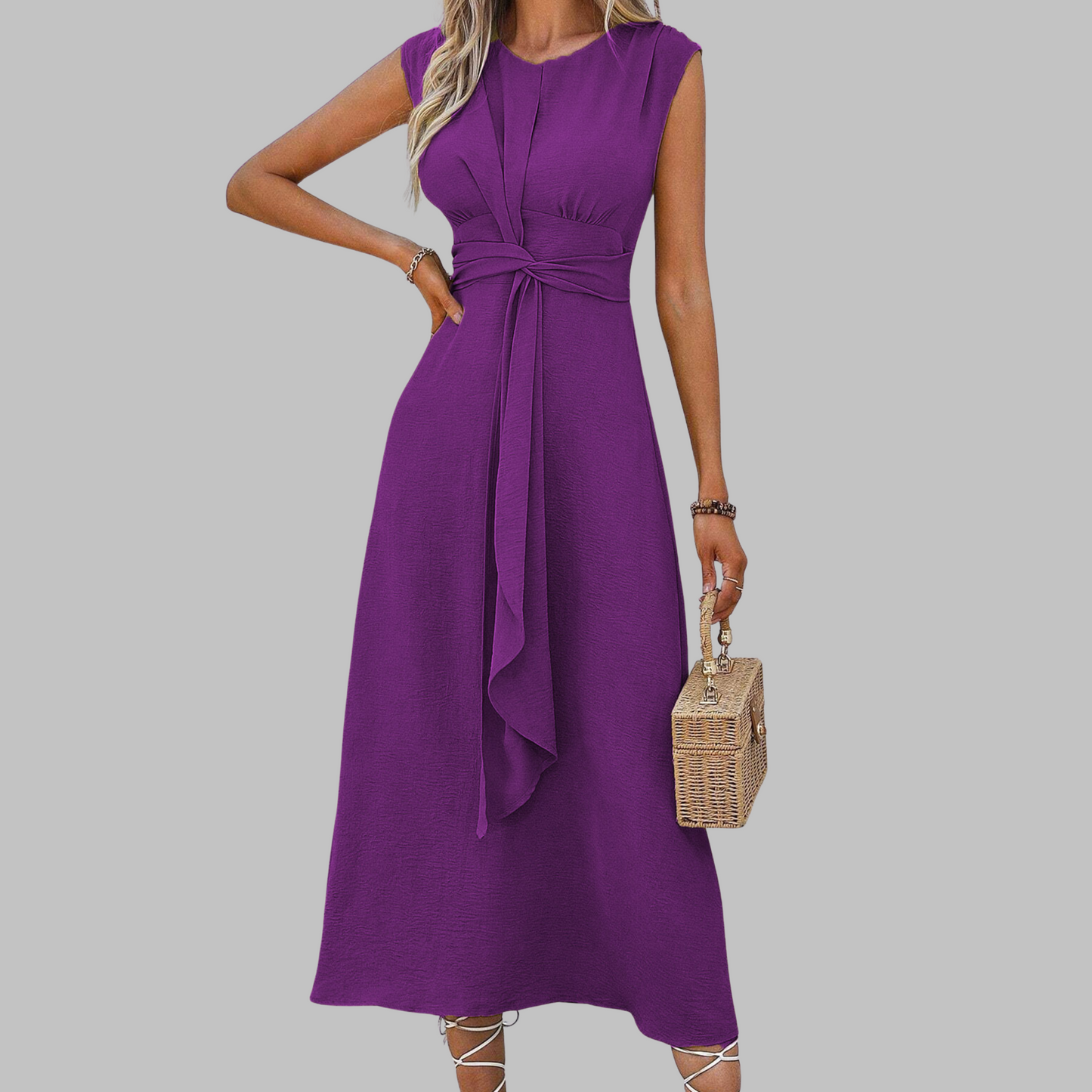 Alethea | Women’s Sleeveless Belted A Line Midi Dress in Emerald Green