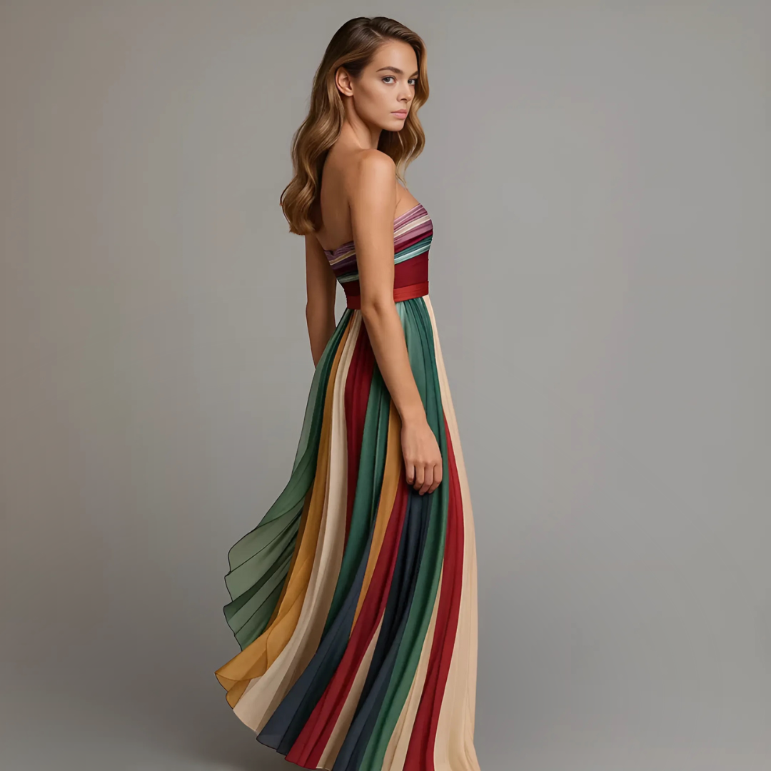 Adriana | Women’s Chic Holiday Glam Striped Pleated Maxi Dress