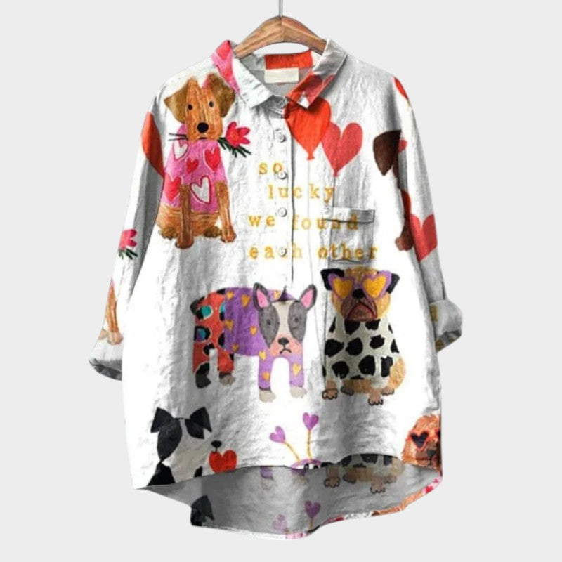 Calista | Lavender Dog Print Linen Blouse