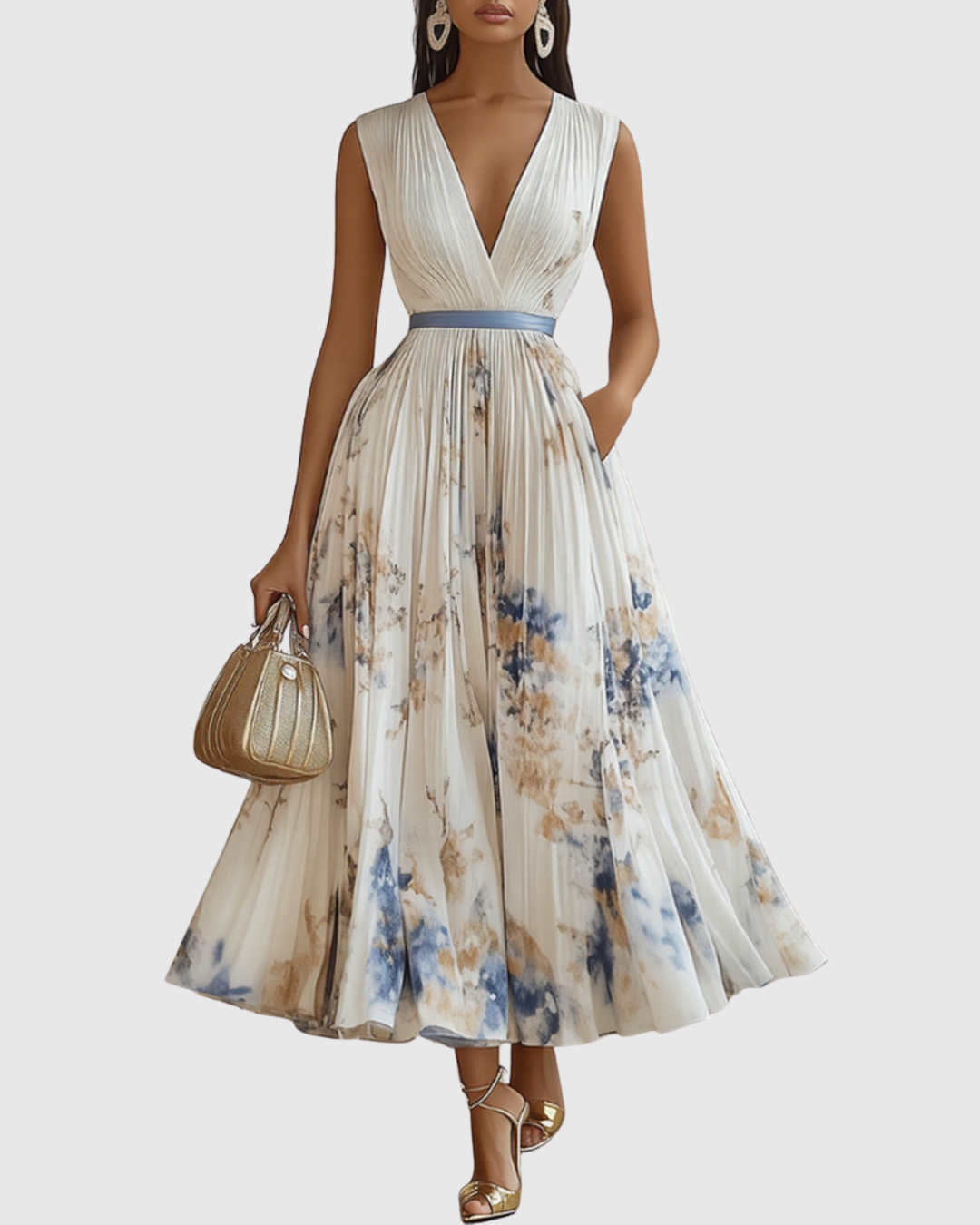 Calista | Elegant Pleated Maxi Dress in Floral White