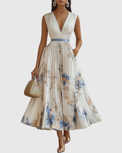 Calista | Elegant Pleated Maxi Dress in Floral White