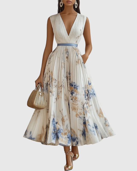 Calista | Elegant Pleated Maxi Dress in Floral White
