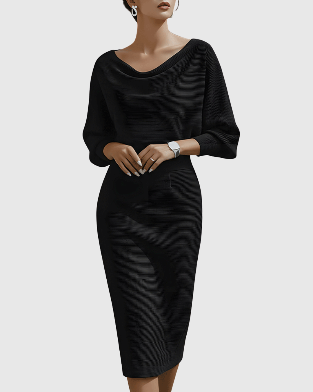 Calantha | Navy Blue Draped Batwing Midi Dress