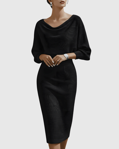 Calantha | Navy Blue Draped Batwing Midi Dress