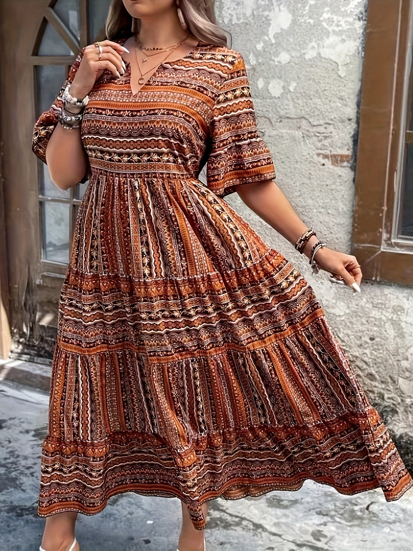 Willow | Women’s Boho Printed Flowy Midi Dress in Green