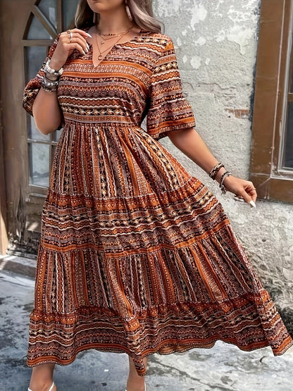 Willow | Women’s Boho Printed Flowy Midi Dress in Green