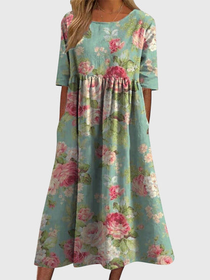 Calantha | Elegant Blue Floral Flattering Dress