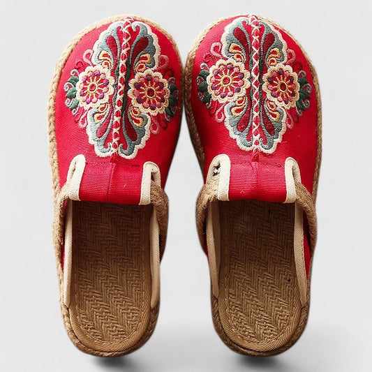 Calantha | Red Comfortable Handmade Floral Mules
