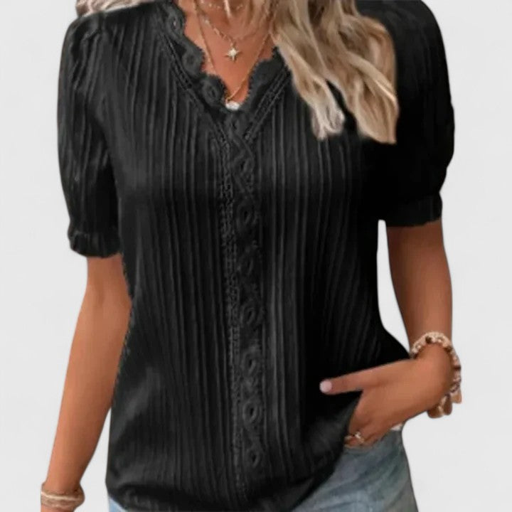 Calantha | Black Elegant V-Neck Blouse with Puff Sleeves
